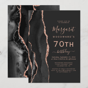 Invitación Fiesta de cumpleaños 70 oscuro Black Rose Gold Aga
