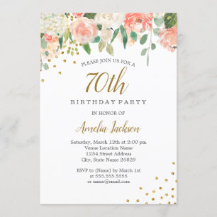 Invitación Fiesta de cumpleaños 70 Peach Gold Watercolor Flor