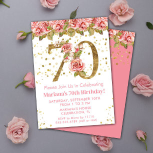 Invitación Fiesta de cumpleaños 70 Pink Floral Gold Glitter