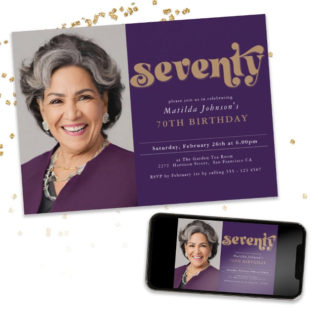 Invitación Fiesta de cumpleaños 70 Purple Elegant (Purple Elegant 70th Birthday Party Invitation)