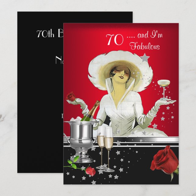 Invitación Fiesta de cumpleaños 70 Retro Diva Art Deco Rojo P (Anverso / Reverso)