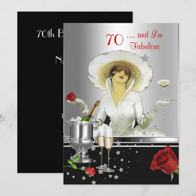 Invitación Fiesta de cumpleaños 70 Retro Diva Art Deco Rojo P (Anverso / Reverso)