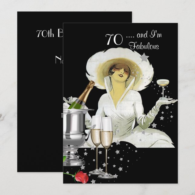 Invitación Fiesta de cumpleaños 70 Retro Diva Art Deco Rojo P (Anverso / Reverso)