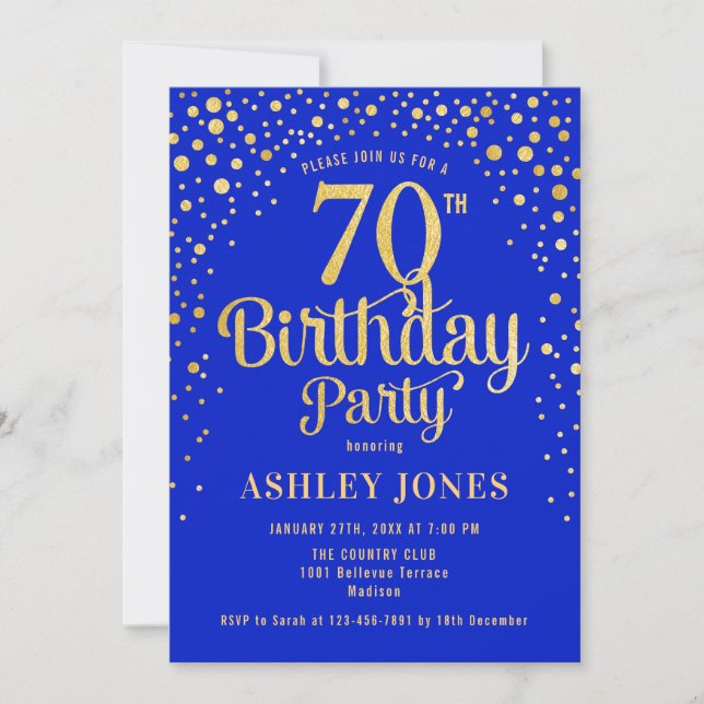 Invitación Fiesta de cumpleaños 70 - Royal Blue & Gold (Anverso)