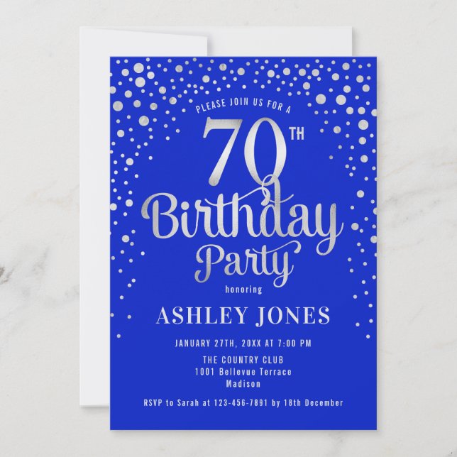 Invitación Fiesta de cumpleaños 70 - Royal Blue & Silver (Anverso)