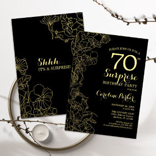 Invitación Fiesta de cumpleaños 70 sorpresa Floral Gold Black