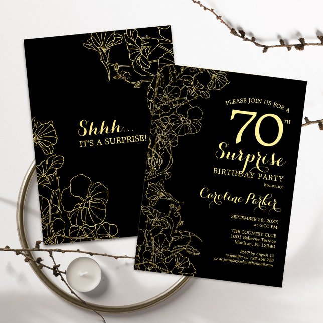 Invitación Fiesta de cumpleaños 70 sorpresa Floral Gold Black (Subido por el creador)