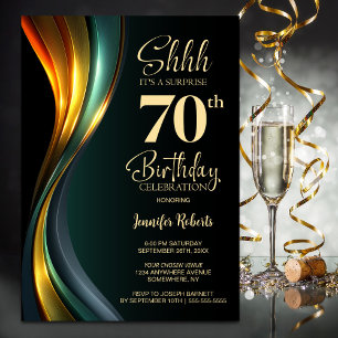 Invitación Fiesta de cumpleaños 70 sorpresa negra y dorada mo