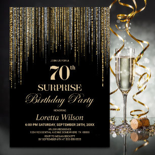 Invitación Fiesta de cumpleaños 70 sorpresa negro purpurina d
