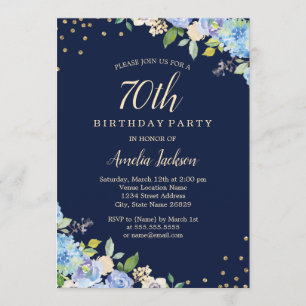 Invitación Fiesta de cumpleaños 70 Sparkle Floral Azul