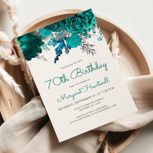 Invitación Fiesta de cumpleaños 70 Teal Blue Silver Floral