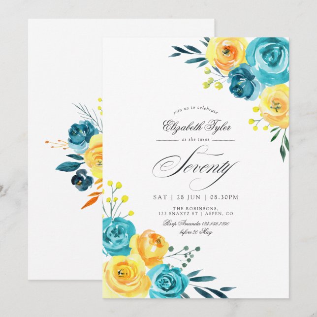 Invitación Fiesta de cumpleaños 70 turquesa y amarillo floral (Anverso / Reverso)