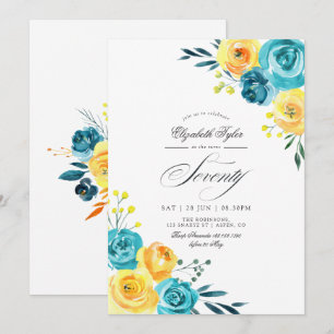 Invitación Fiesta de cumpleaños 70 turquesa y amarillo floral