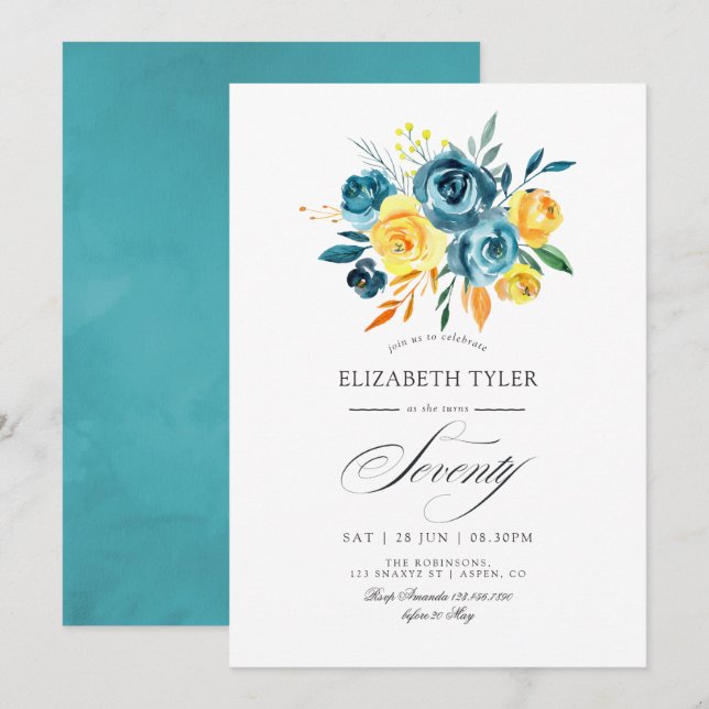 Invitación Fiesta de cumpleaños 70 turquesa y floral amarillo (Anverso / Reverso)