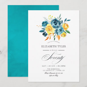 Invitación Fiesta de cumpleaños 70 turquesa y floral amarillo