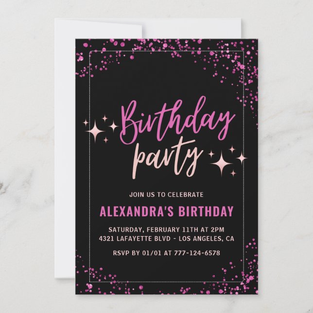 Invitación Fiesta de cumpleaños 72 de Black Pink Glam Glitter (Anverso)
