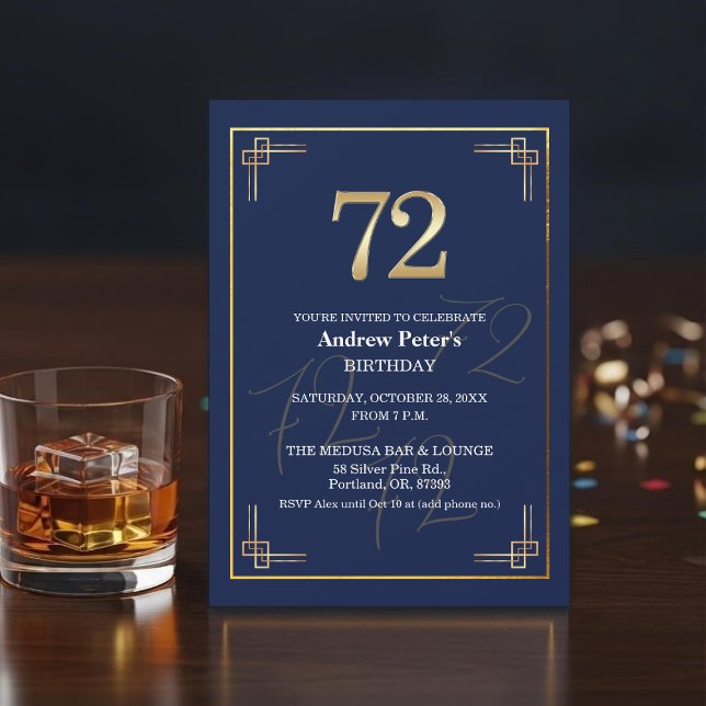 Invitación Fiesta de cumpleaños 72 elegante azul oro (Subido por el creador)