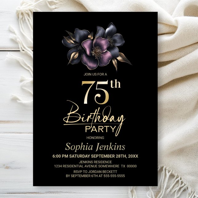 Invitación Fiesta de cumpleaños 75º de la Floral Rosa y Gris  (Subido por el creador)