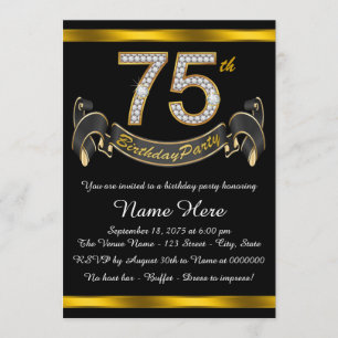 Invitación Fiesta de cumpleaños 75 años negro y dorado
