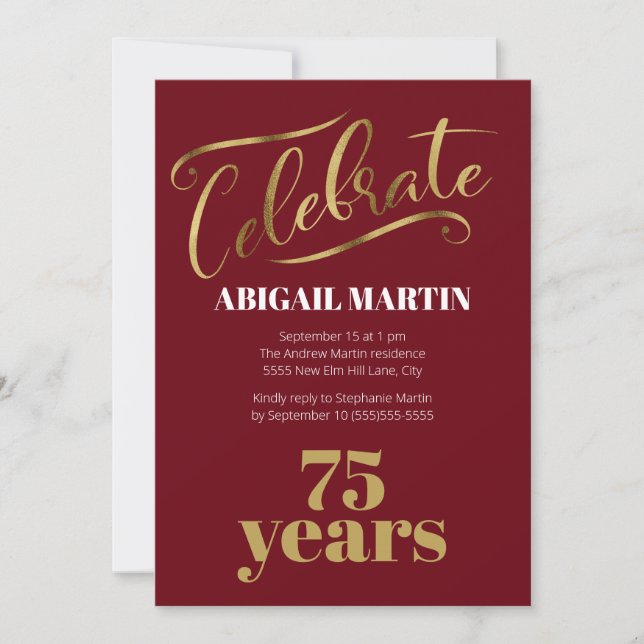 Invitación Fiesta de cumpleaños 75 Burgundy Gold White (Anverso)