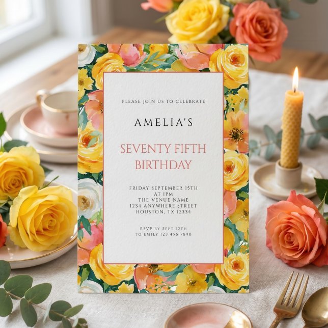 Invitación Fiesta de cumpleaños 75 con borde floral rosa amar (Subido por el creador)