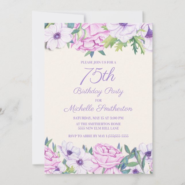 Invitación Fiesta de cumpleaños 75 con flores de lila púrpura (Anverso)