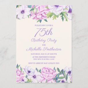 Invitación Fiesta de cumpleaños 75 con flores de lila púrpura