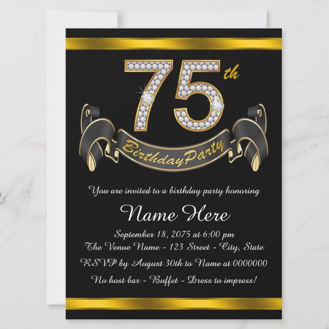 Invitación Fiesta de cumpleaños 75 de Black and Gold (Anverso)