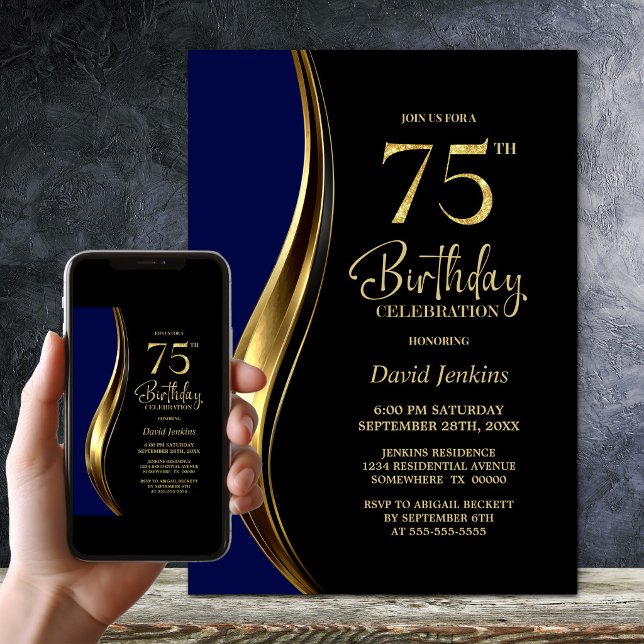 Invitación Fiesta de Cumpleaños 75 de Black Gold Blue (Subido por el creador)