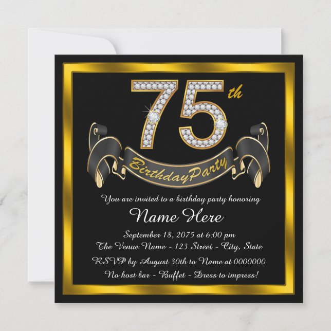 Invitación Fiesta de cumpleaños 75 de diamante de oro (Anverso)