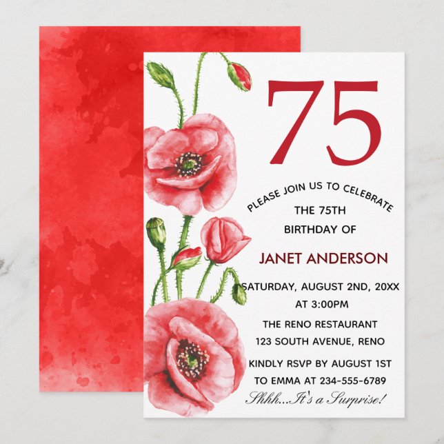 Invitación Fiesta de cumpleaños 75 de Flanders Poppy Watercol (Anverso / Reverso)