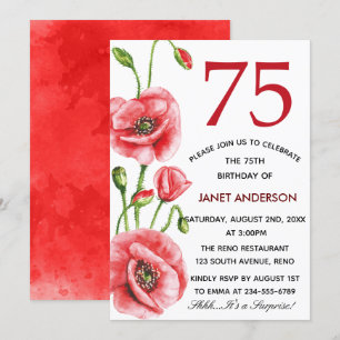 Invitación Fiesta de cumpleaños 75 de Flanders Poppy Watercol