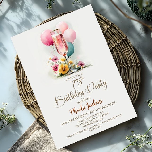 Invitación Fiesta de cumpleaños 75 de la copa de champán rosa (Subido por el creador)