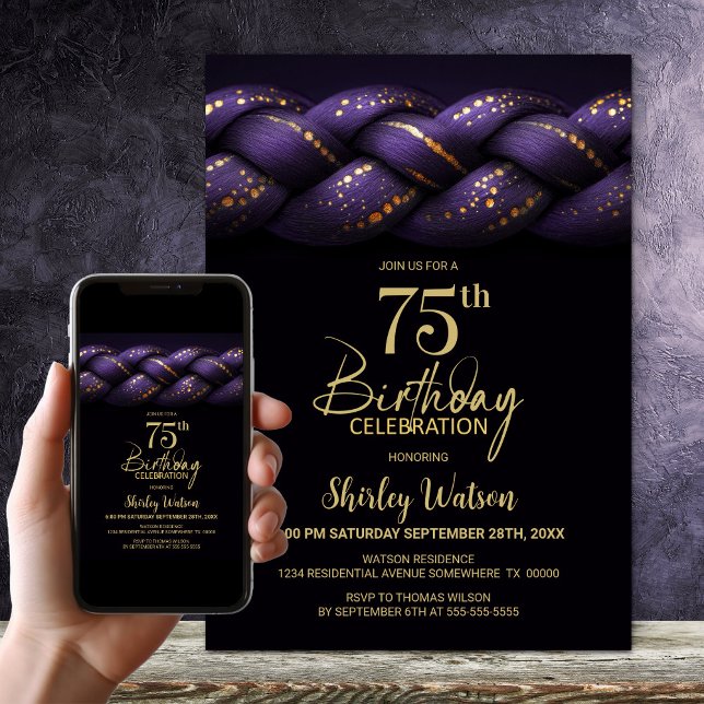 Invitación Fiesta de cumpleaños 75 de Purple Gold Braid (Subido por el creador)