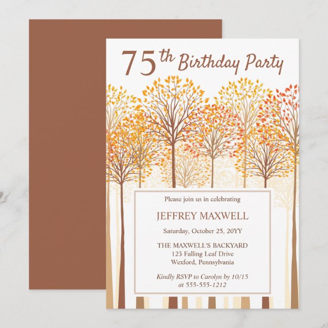 Invitación Fiesta de cumpleaños 75 de Rustic Fall Trees Terra (Anverso / Reverso)