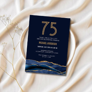 Invitación Fiesta de Cumpleaños 75 Elegante Azul Marino Dorad