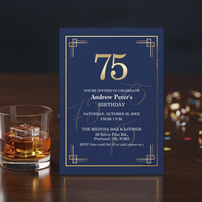 Invitación Fiesta de cumpleaños 75 Elegante Azul Oro (Subido por el creador)