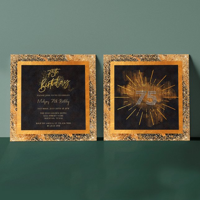 Invitación Fiesta de Cumpleaños 75 Elegante con Brillo Negro  (Front / Back)