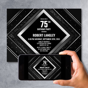 Invitación Fiesta de cumpleaños 75 elegante en negro y plata