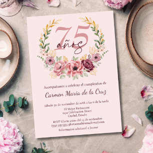 Invitación Fiesta de Cumpleaños 75 Elegante Floral Rosa Españ
