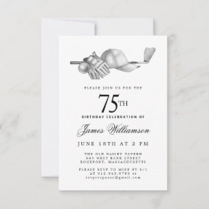 Invitación Fiesta de cumpleaños 75 Elegante negro blanco golf