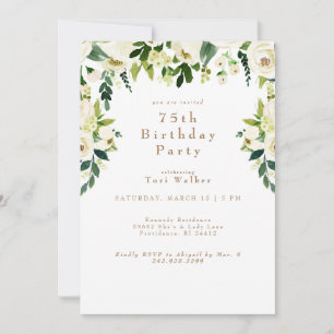 Invitación Fiesta de cumpleaños 75 en cascada floral blanca