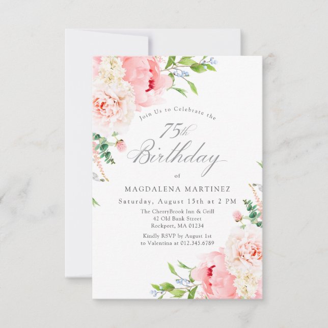 Invitación Fiesta de cumpleaños 75 Feminino Rosas rosadas Flo (Anverso)