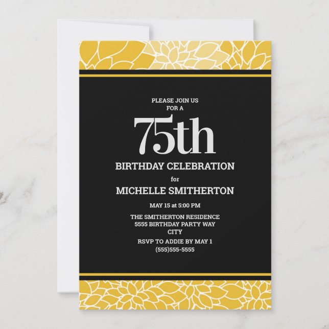 Invitación Fiesta de cumpleaños 75 Floral Blanco Amarillo Neg (Anverso)