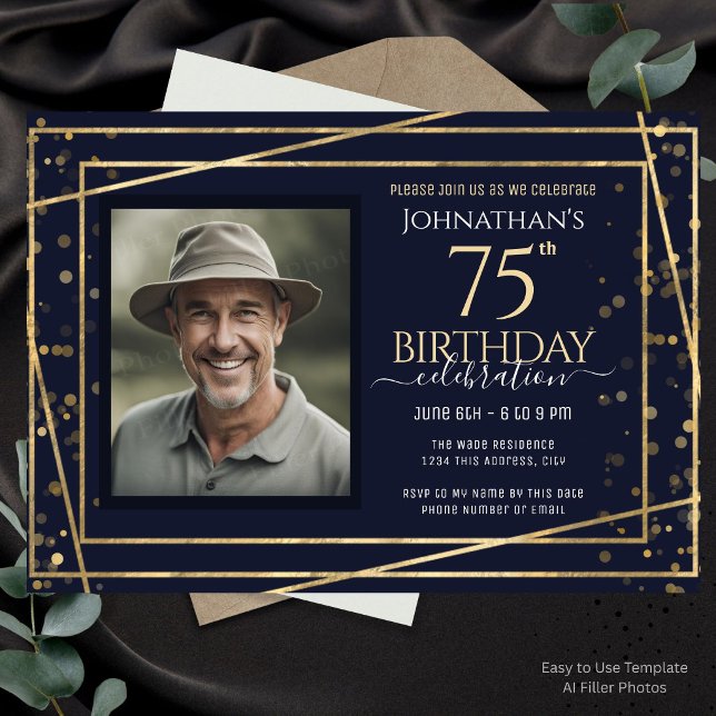 Invitación Fiesta de cumpleaños 75 Gold Blue Photo  (Subido por el creador)