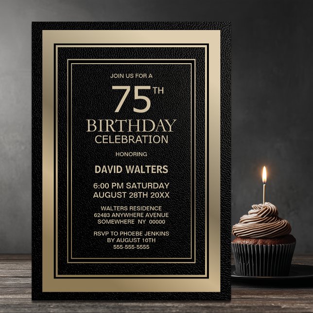 Invitación Fiesta de cumpleaños 75 moderna de negro y dorado (Subido por el creador)