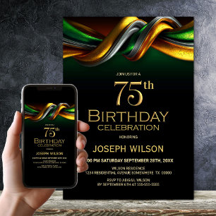 Invitación Fiesta de cumpleaños 75 moderna en verde y dorado