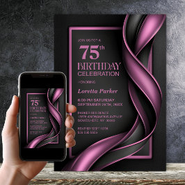Invitación Fiesta de cumpleaños 75 moderno de negro y rosa