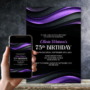 Invitación Fiesta de cumpleaños 75 moderno negro y púrpura