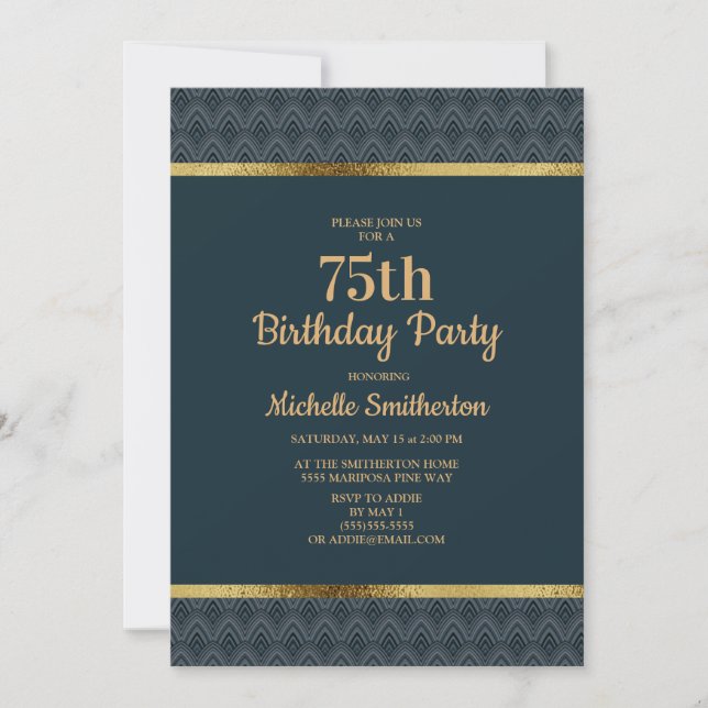 Invitación Fiesta de cumpleaños 75 Navy Blue Gold (Anverso)